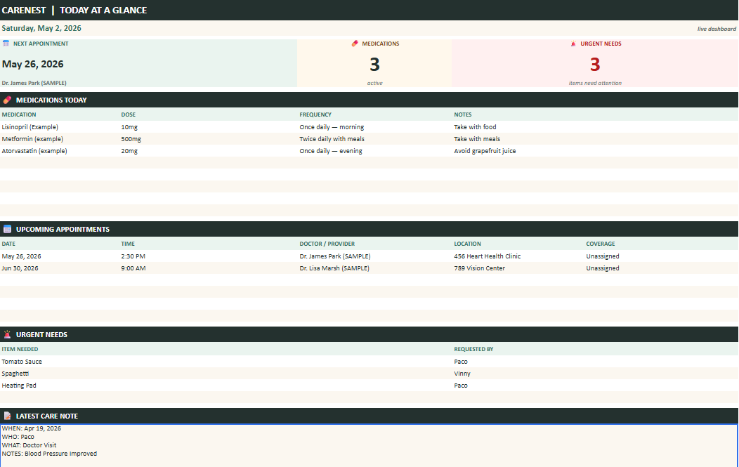 CareNest 'Today at a Glance' desktop view